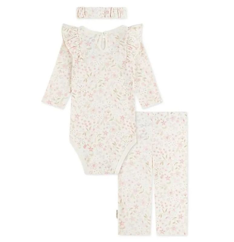 3 delt sett med body, bukse og hårbånd m/blomster