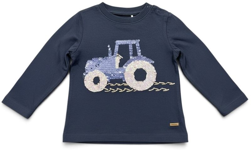 Minymo mørkeblå genser med traktor i paljetter